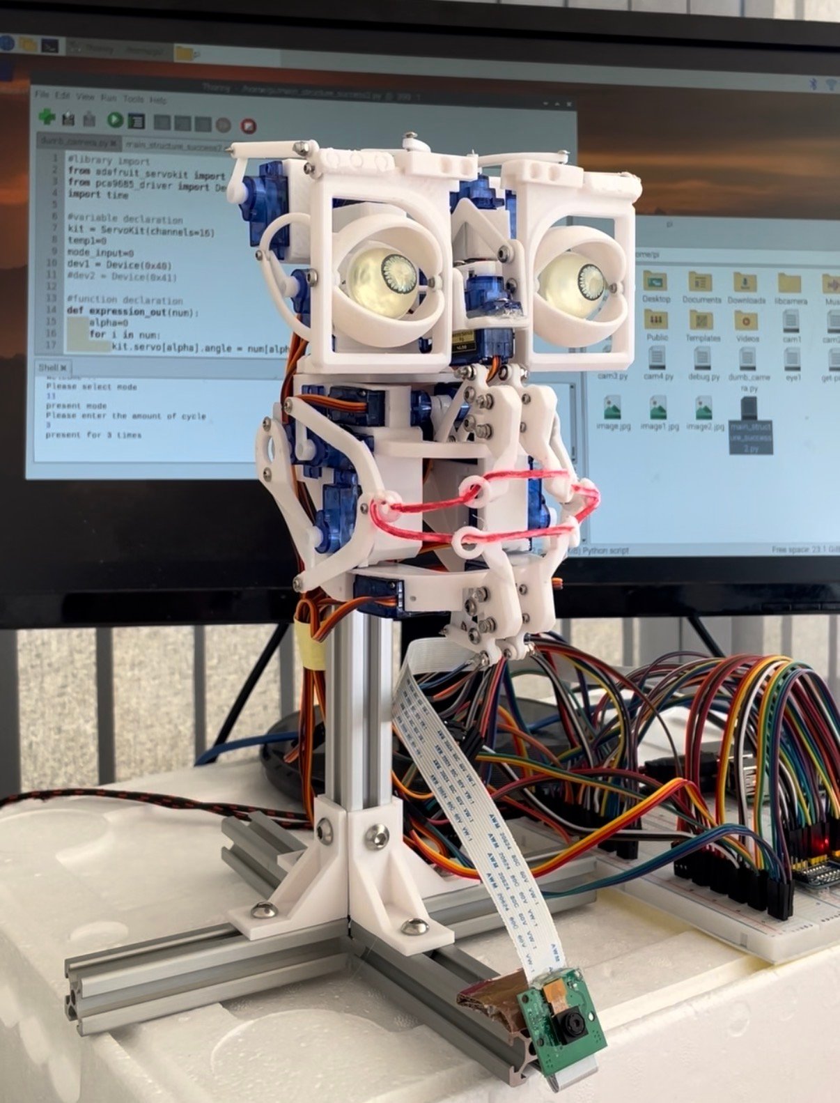 The animatronic head running in front of a screen showing its Python control script