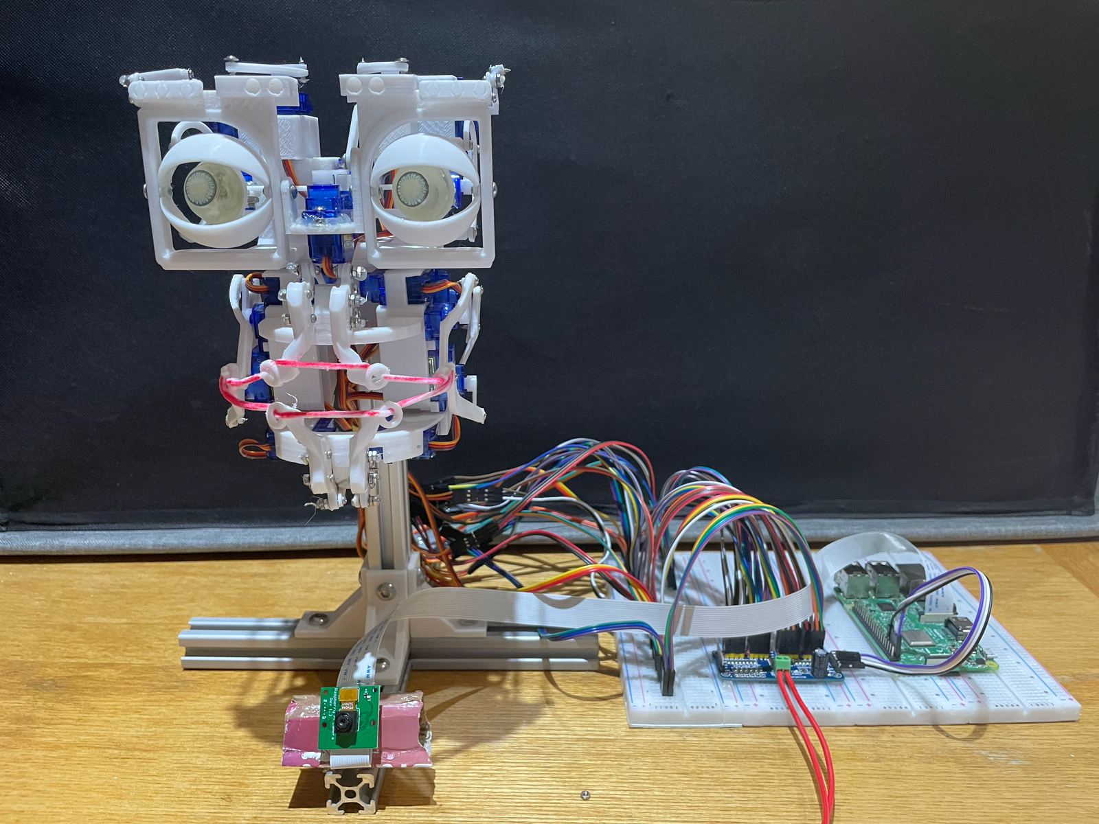 The animatronic head wired to a breadboard and servo driver on the bench