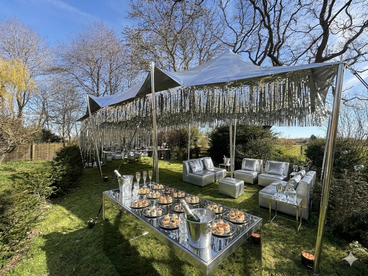 Mirrored fringe pavilion with silver furniture set on grass