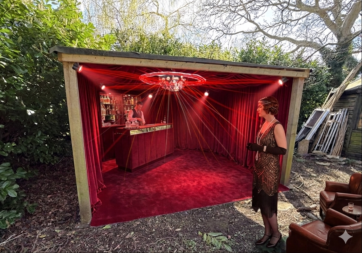 Red velvet bar set inside a timber frame in the garden